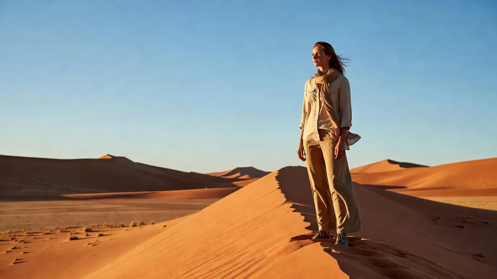 Voyageuse contemplant les dunes du désert du Namib au lever du soleil