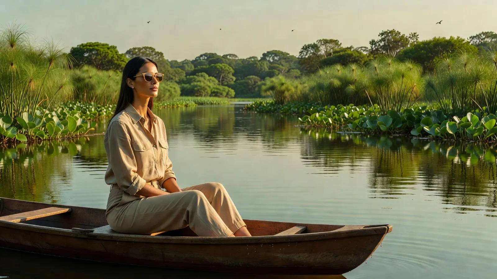 Voyageuse observant la faune du Pantanal brésilien depuis une pirogue