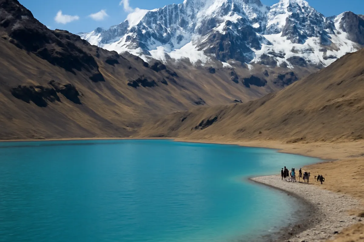 Trekkeurs et lamas de bât progressant sur un col de la Cordillère royale bolivienne à plus de 4900 mètres d'altitude
