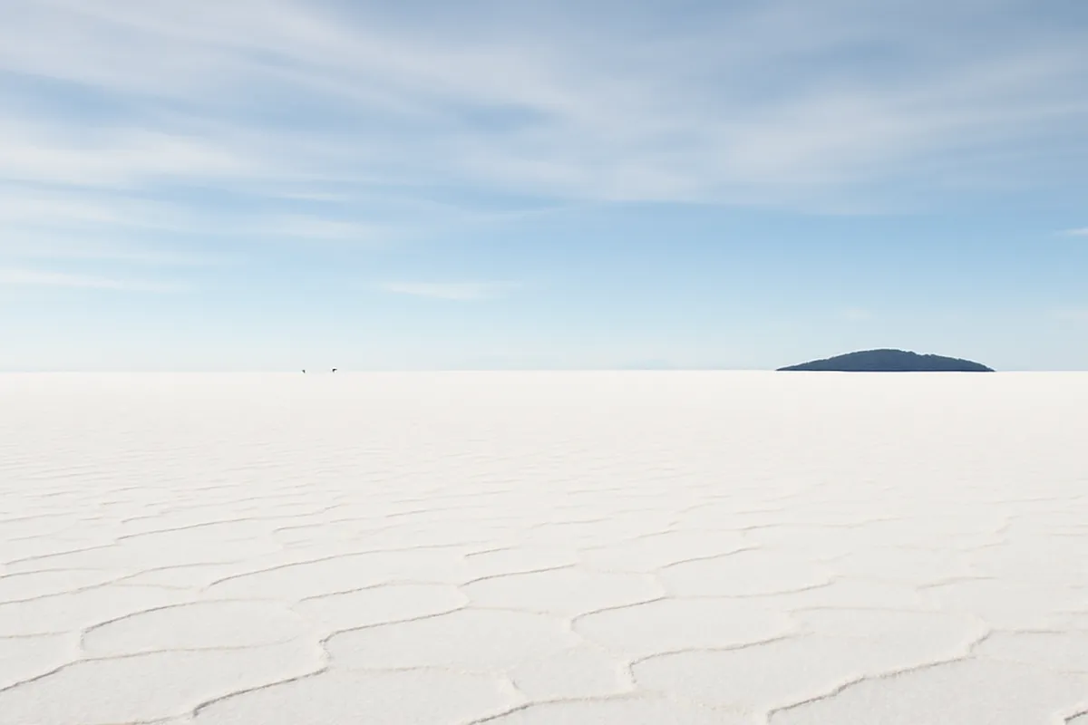 Étendue blanche et infinie du Salar d'Uyuni sous un ciel dégagé, avec les silhouettes lointaines d'un groupe de voyageurs