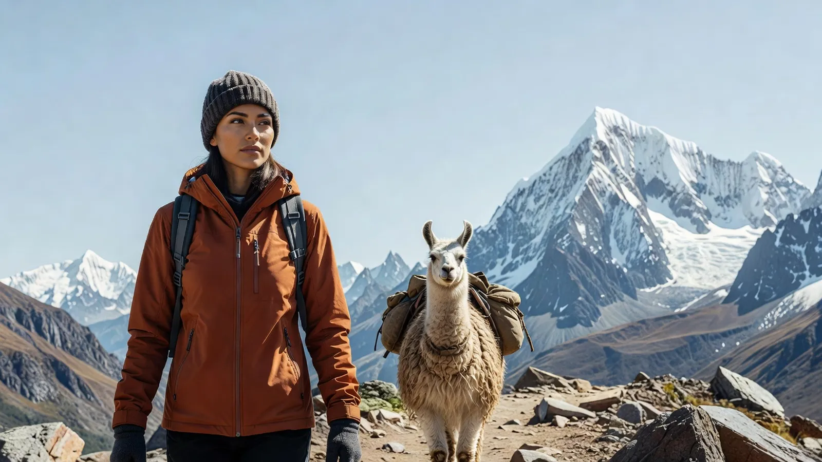Voyageuse en tenue de trek face aux sommets enneigés de la cordillère Royale bolivienne