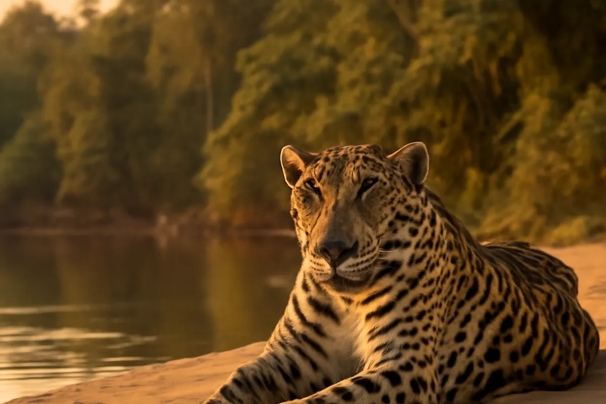 Jaguar se reposant sur une berge sablonneuse du Rio Cuiabá au lever du jour
