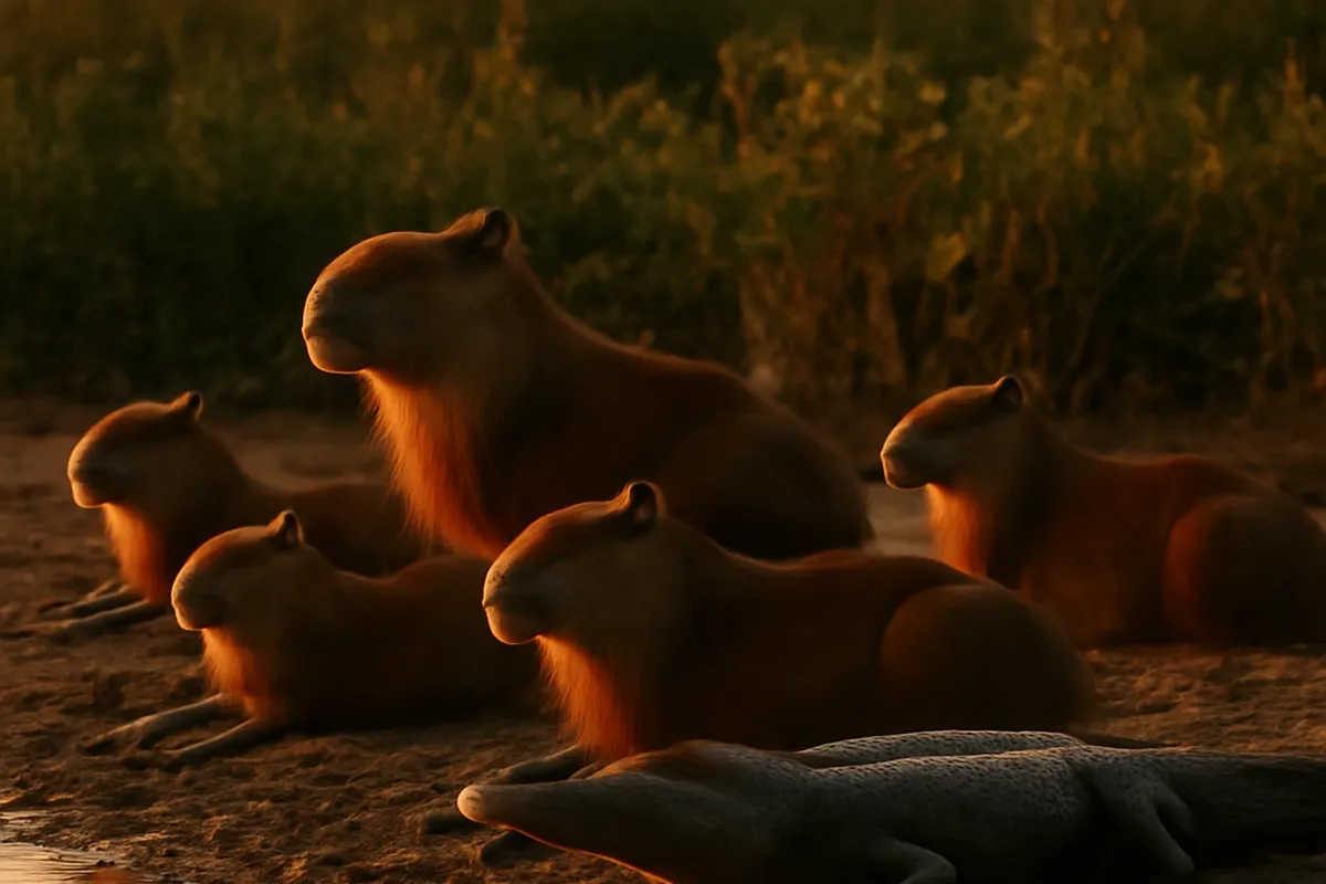 Groupe de capybaras et caïmans au bord d'une zone humide du Pantanal au coucher du soleil