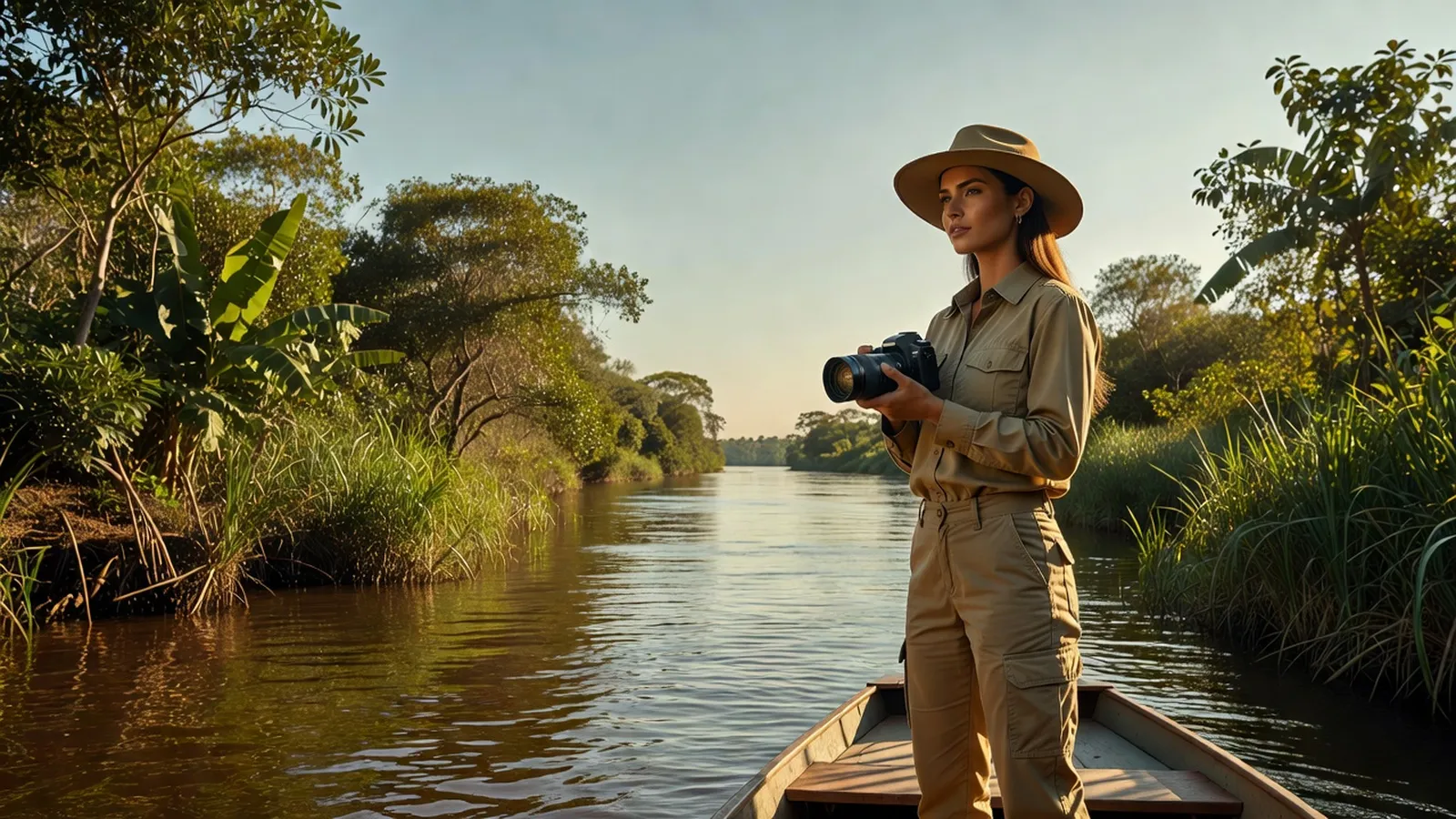 Voyageuse en tenue de safari photographiant un jaguar depuis un bateau sur le Rio Cuiabá au Pantanal