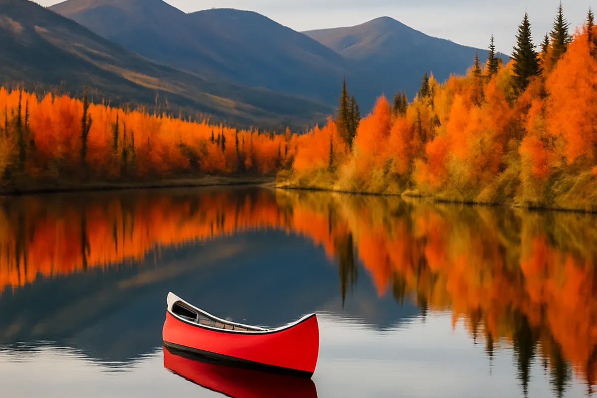 Canoë glissant sur la rivière Porcupine encadrée de forêt boréale flamboyante d'automne