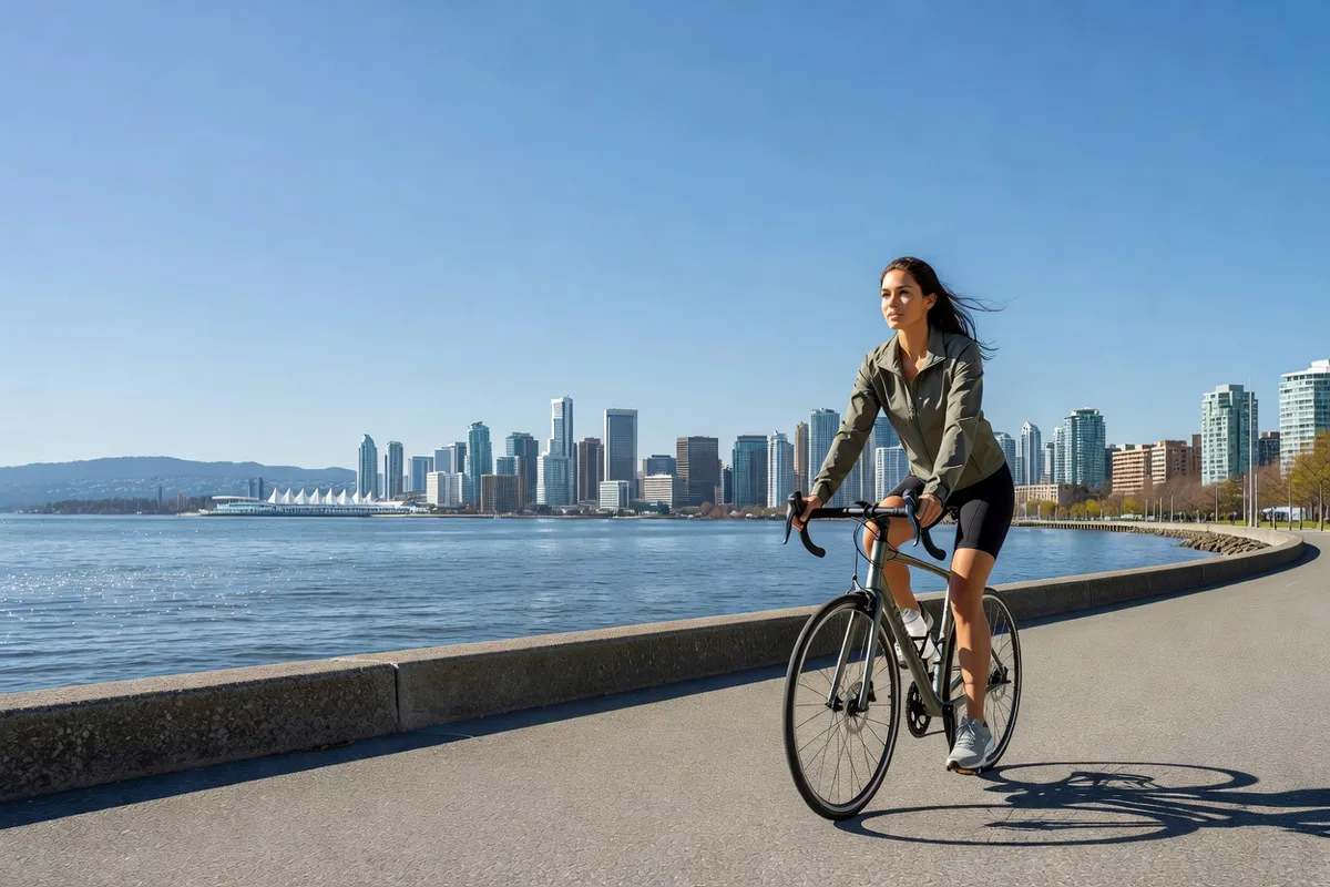 Cycliste longeant le Seawall de Vancouver avec vue sur la baie et les gratte-ciel en arrière-plan