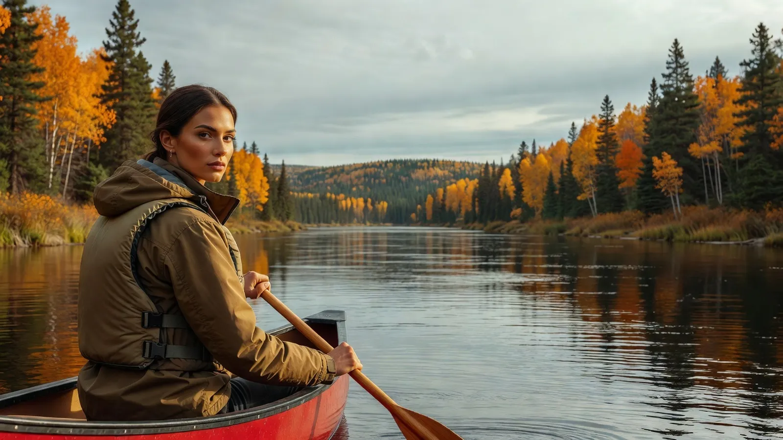 Voyageuse pagayant en canoë sur la rivière Porcupine entourée de forêt boréale aux couleurs d'automne