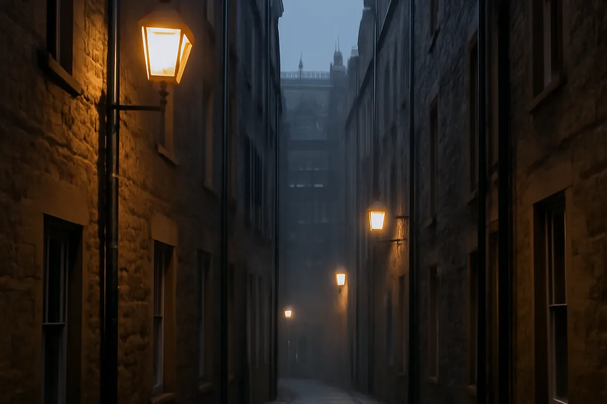 Ruelle pavée de la vieille ville d'Édimbourg au crépuscule avec ses hautes façades de pierre