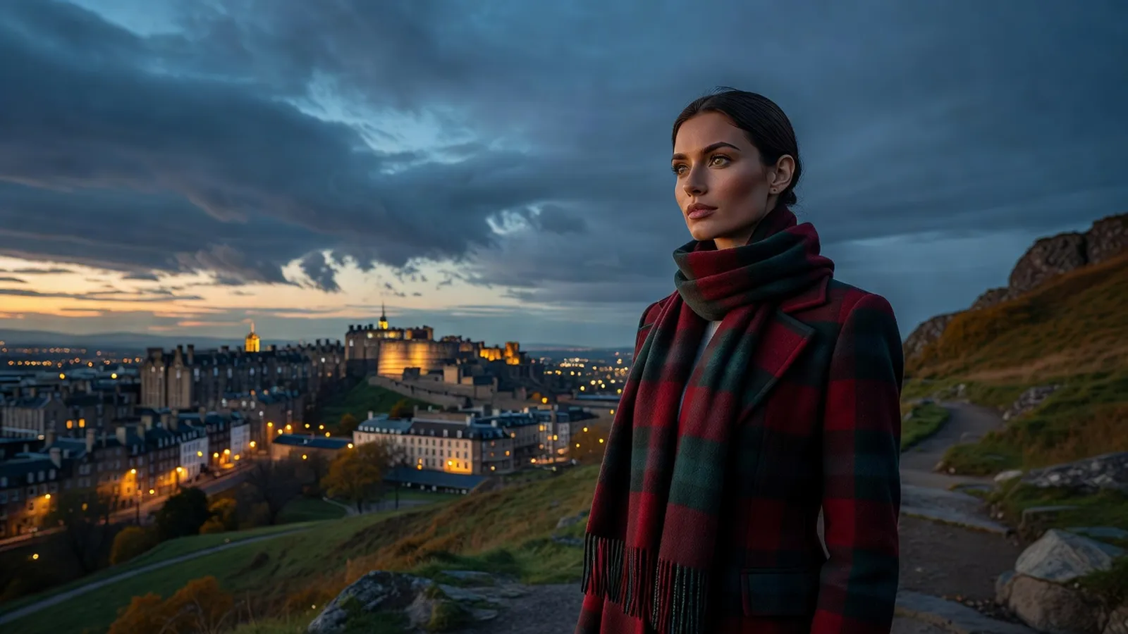 Voyageuse contemplant le château d'Édimbourg au crépuscule depuis Calton Hill