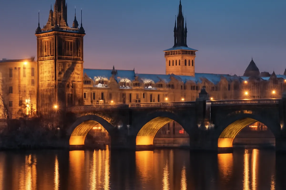 Pont Charles et vieille ville de Prague illuminés au crépuscule