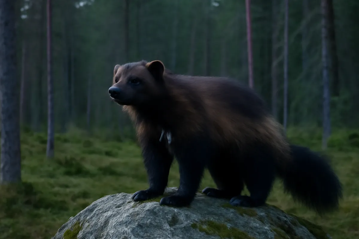 Ours brun approchant d'un affût photo à la lisière de la forêt de Carélie finlandaise au crépuscule