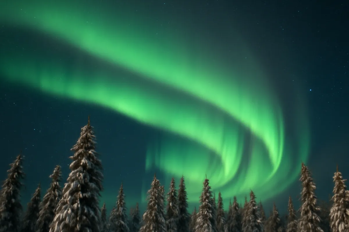 Aurores boréales vertes au-dessus d'une forêt enneigée de Laponie finlandaise