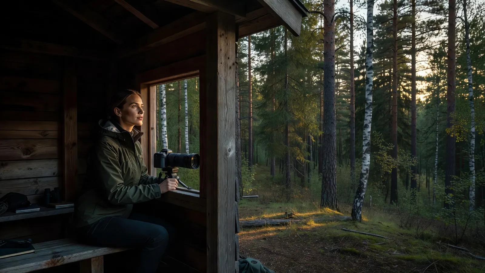 Voyageuse photographe dans un affût en bois à la lisière d'une forêt de Carélie finlandaise au crépuscule