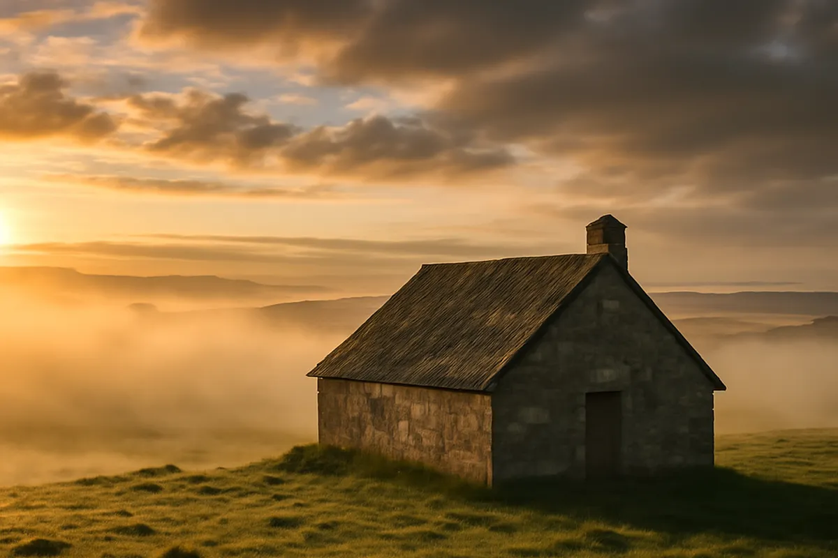 Buron en pierre isolé sur le plateau de l'Aubrac au lever du soleil, brume matinale
