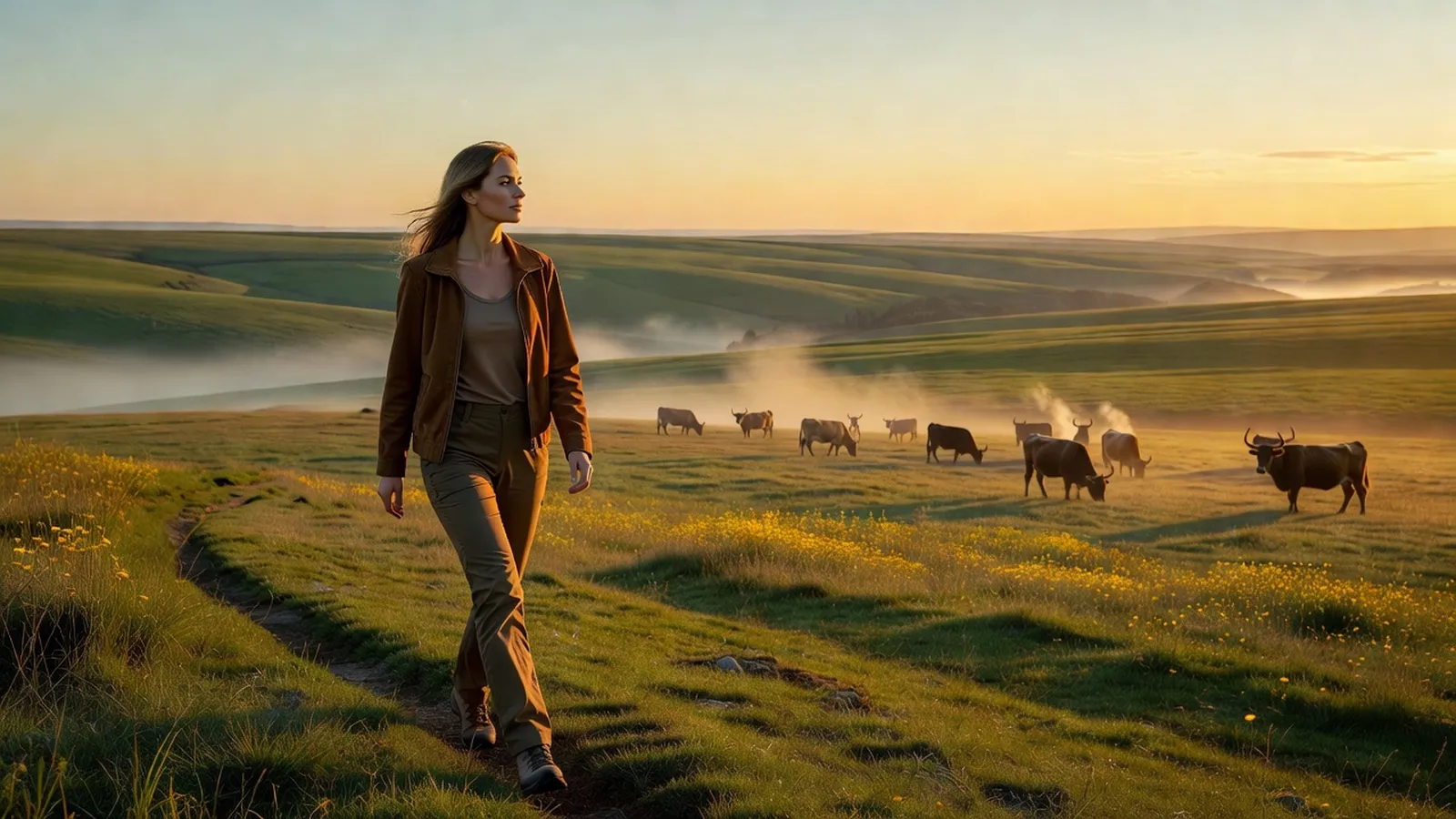 Voyageuse en randonnée sur les plateaux de l'Aubrac au lever du soleil, troupeau de vaches Aubrac en arrière-plan