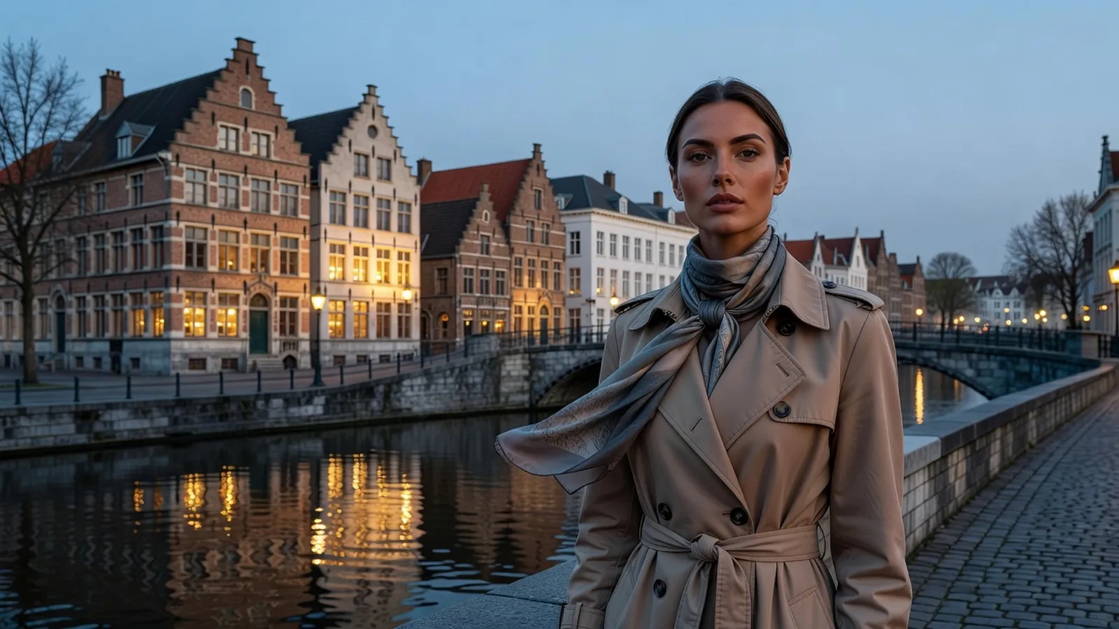 Voyageuse admirant les façades flamandes illuminées le long d'un canal de Gand au crépuscule