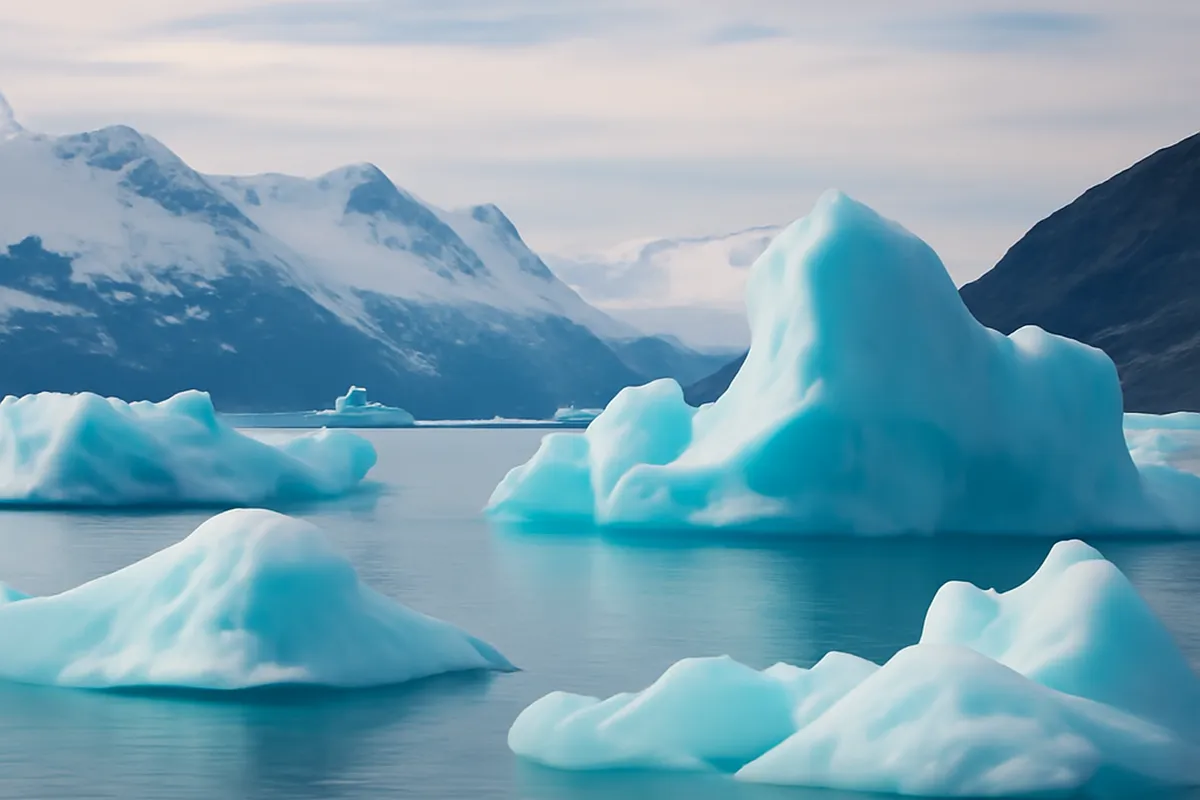 Icebergs bleutés dérivant dans un fjord groenlandais sous une lumière polaire