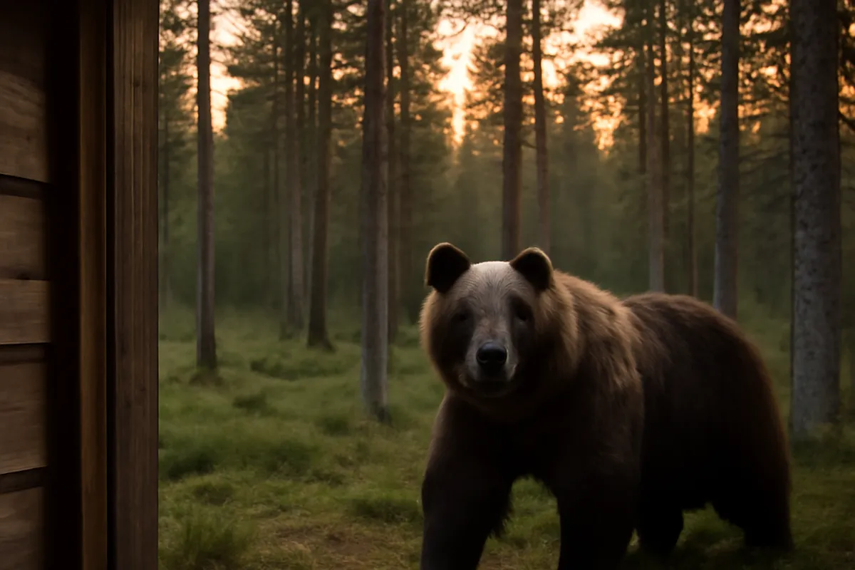 Ours brun sauvage observé depuis un affût photographique dans la forêt finlandaise au crépuscule