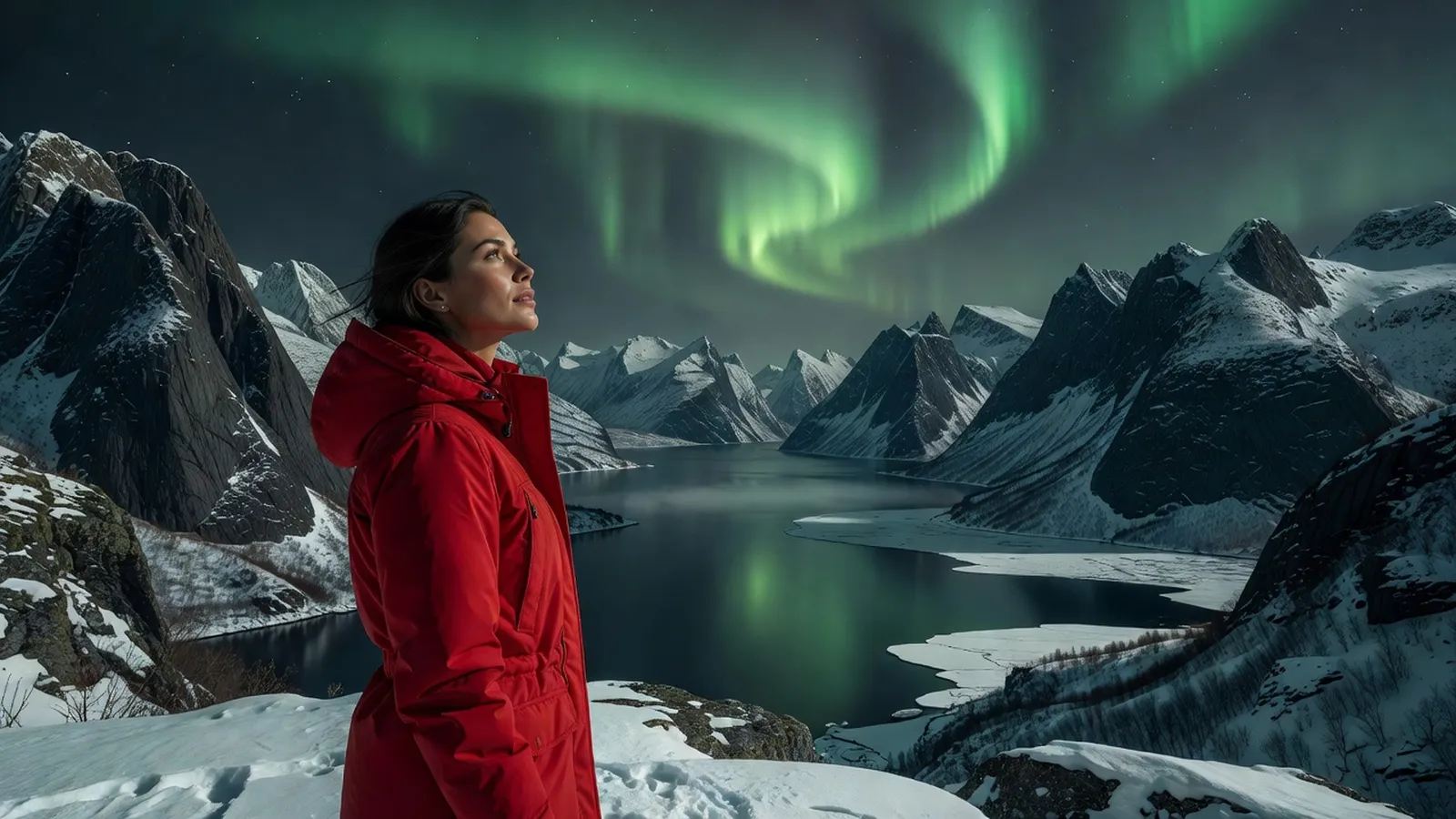 Voyageuse en parka rouge face à un fjord norvégien enneigé sous une aurore boréale
