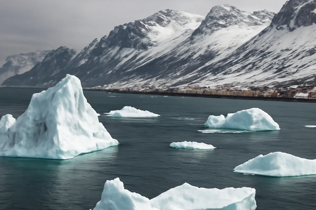 Icebergs dérivant sur une mer sombre près d'un village inuit du Groenland est
