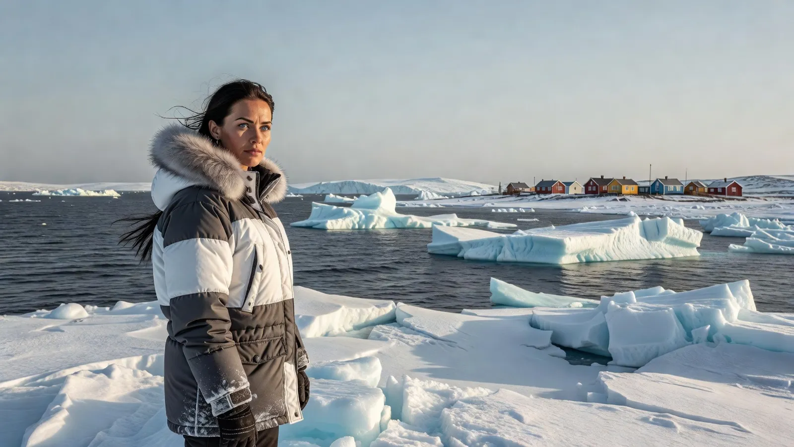 Voyageuse en parka polaire face à la banquise et aux icebergs du Groenland est