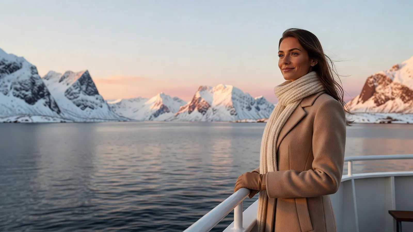 Voyageuse au lever du jour sur le pont d'un bateau, face à des montagnes enneigées plongeant dans un fjord