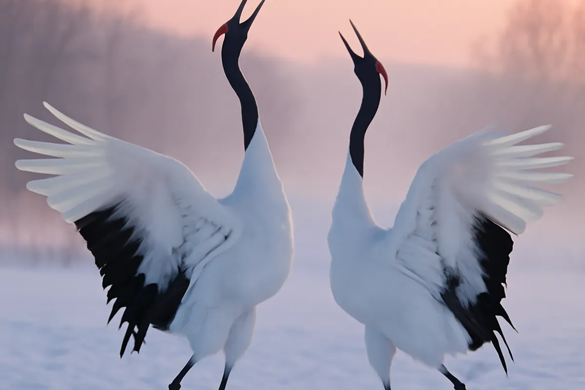 Grues Tancho japonaises dansant dans la neige au sanctuaire de Tsurui