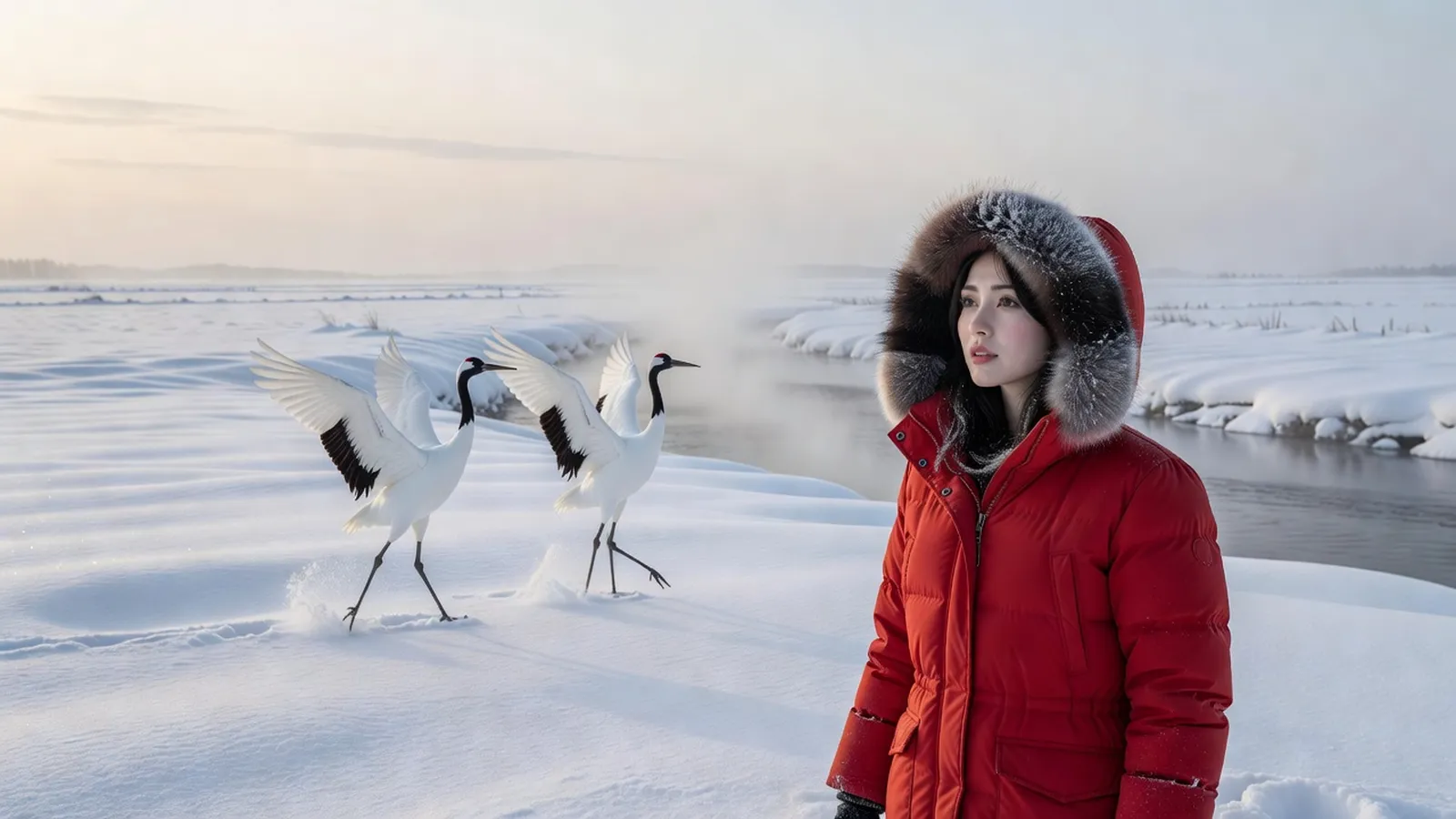 Voyageuse en parka observant des grues Tancho dans la neige à Hokkaido