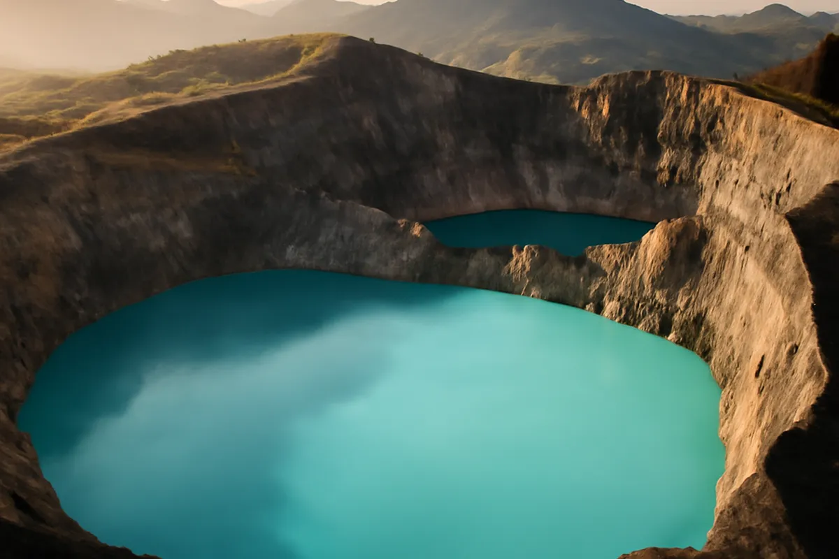 Lac de cratère turquoise du volcan Kelimutu à Flores, en Indonésie, entouré de parois volcaniques sombres