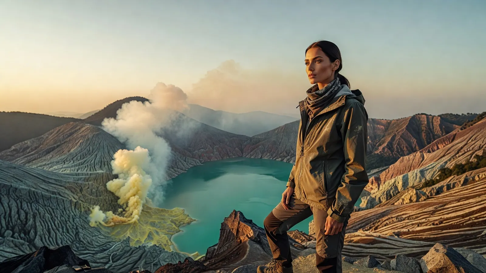 Voyageuse observant le lac turquoise du cratère du Kawah Ijen au lever du jour