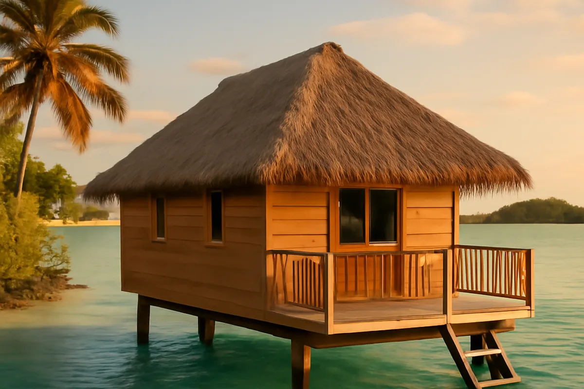 Bungalow simple de pension de famille polynésienne au bord d'un lagon turquoise dans les îles Australes