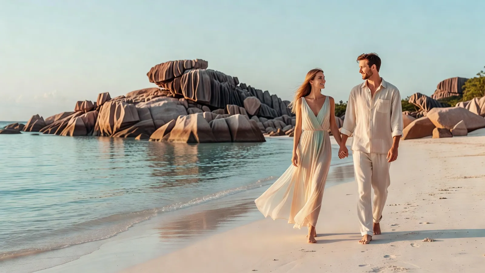 Couple de jeunes mariés marchant ensemble sur une plage isolée bordée de rochers de granit rose