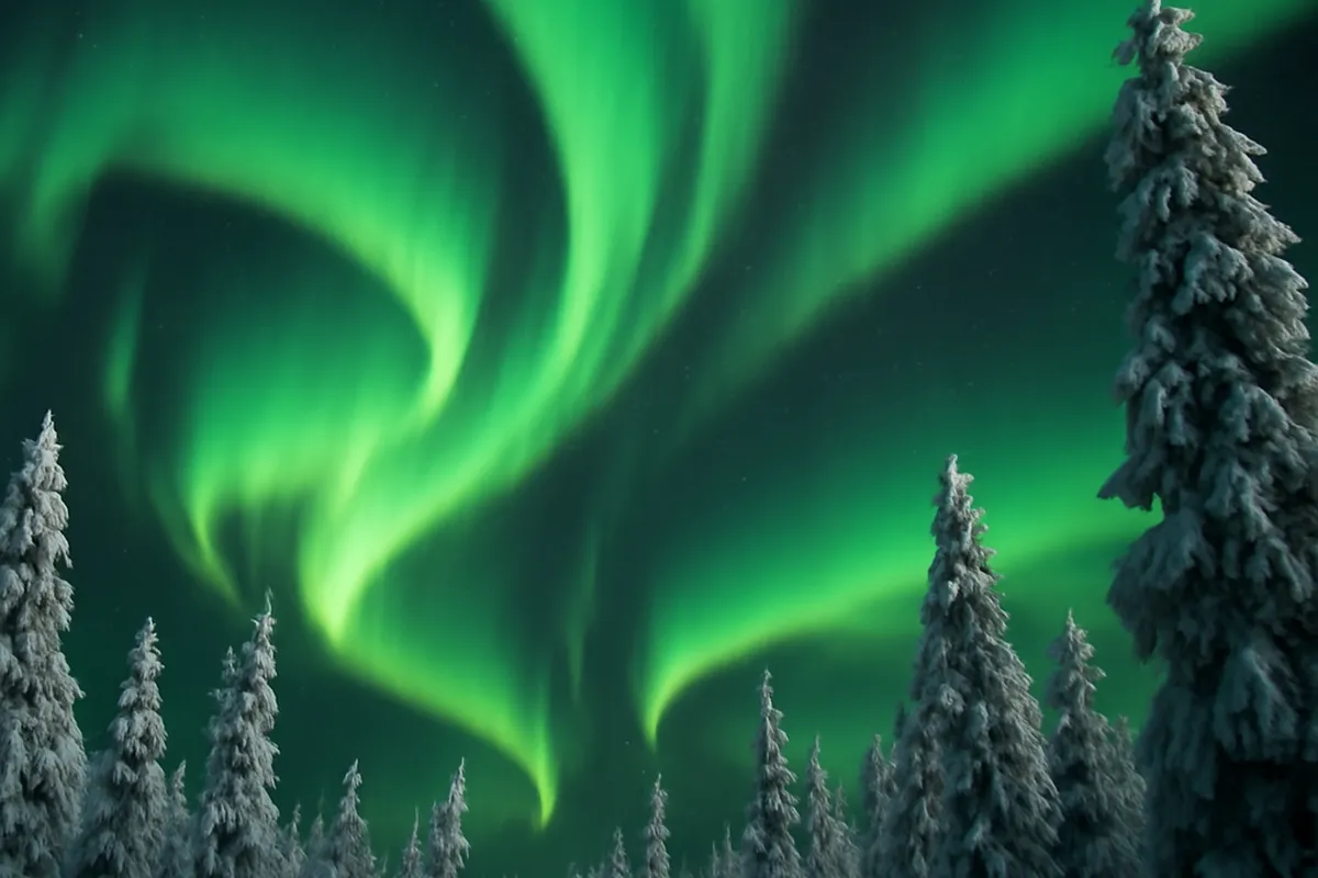 Aurores boréales vertes au-dessus d'une forêt enneigée de Laponie sous un ciel étoilé