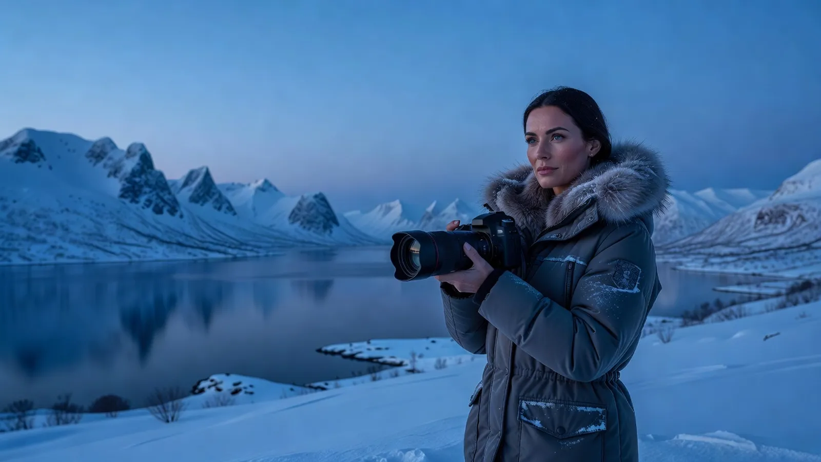 Photographe de voyage en tenue polaire tenant son appareil photo face à un paysage arctique enneigé