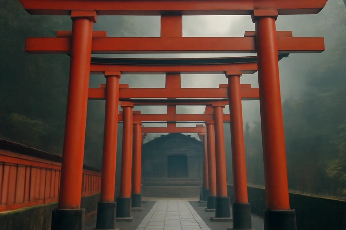 Rangée de torii vermillons menant à un sanctuaire shinto japonais dans la brume matinale