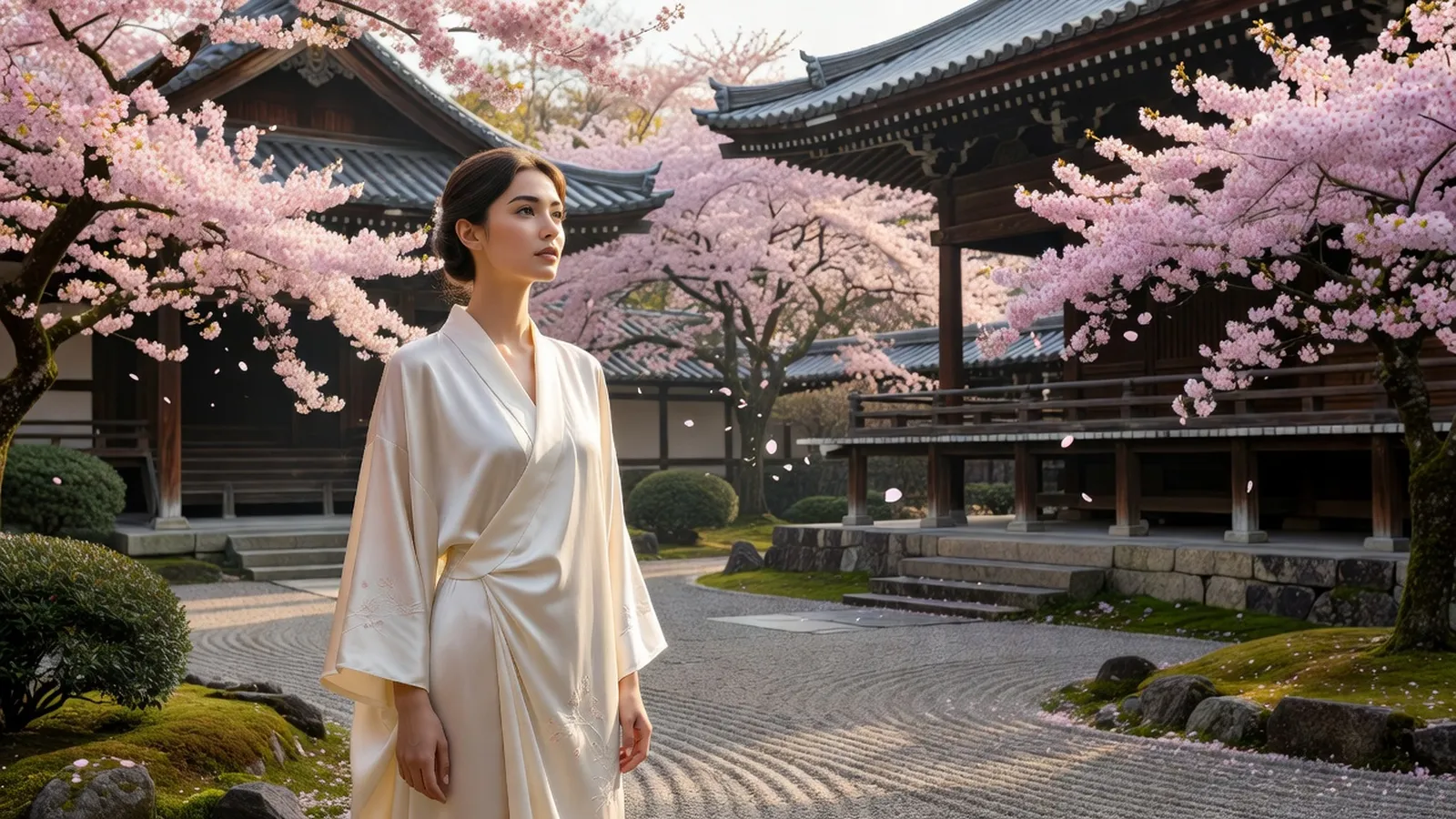 Voyageuse en kimono léger contemplant un temple japonais entouré de cerisiers en fleurs