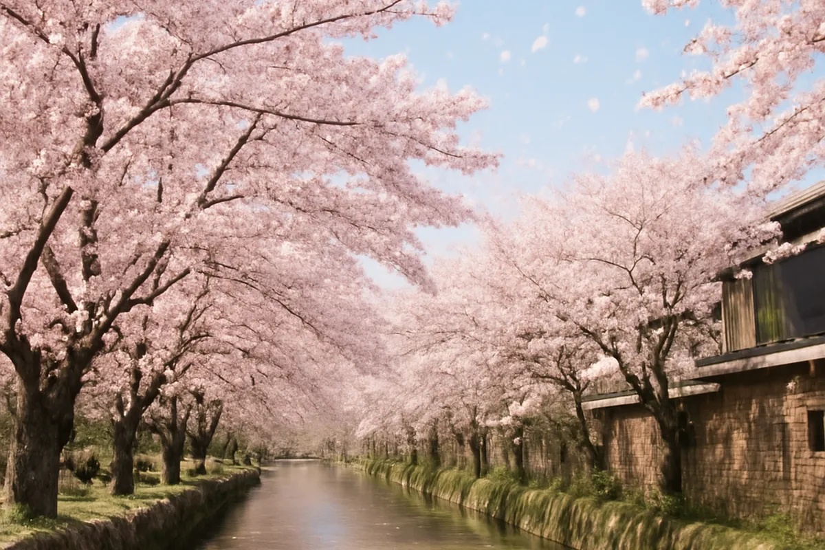 Cerisiers en fleurs sakura le long d'une allée à Kyoto au printemps