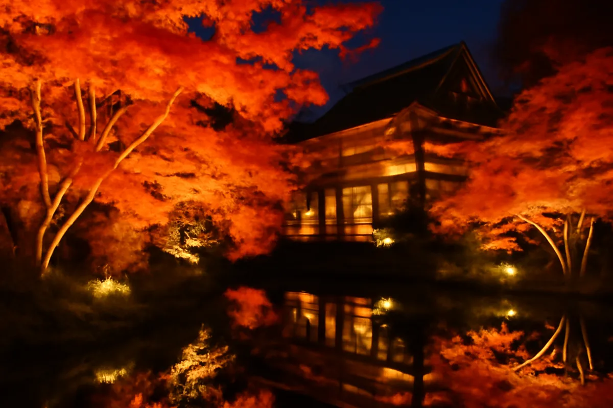 Érables rouges momiji illuminés la nuit dans un temple de Kyoto en automne