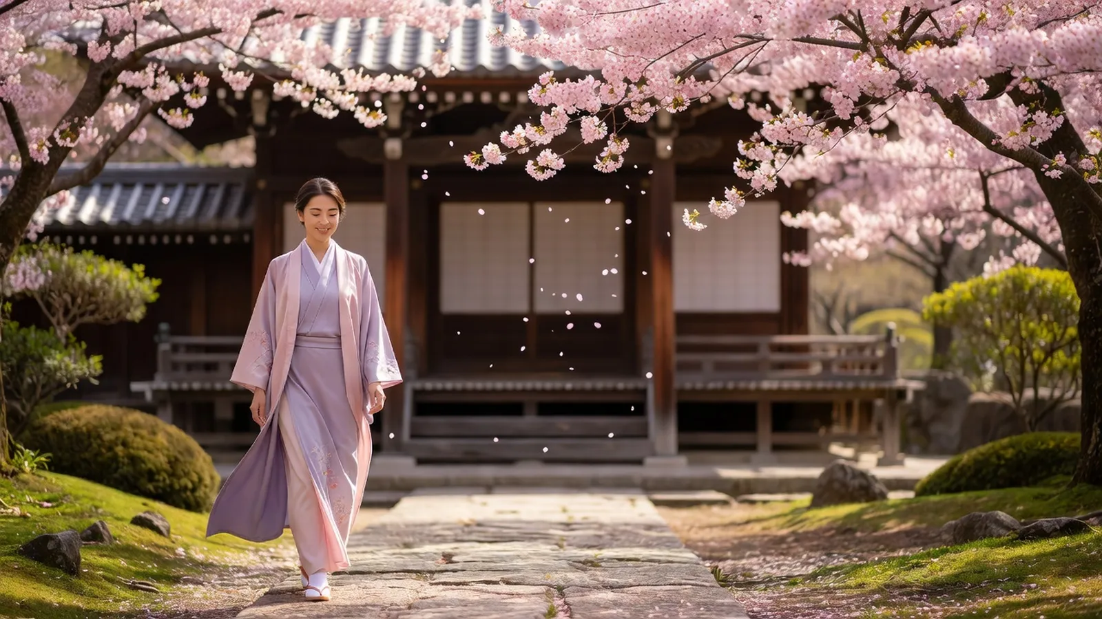 Voyageuse en kimono contemplant les cerisiers en fleurs dans un jardin japonais à Kyoto