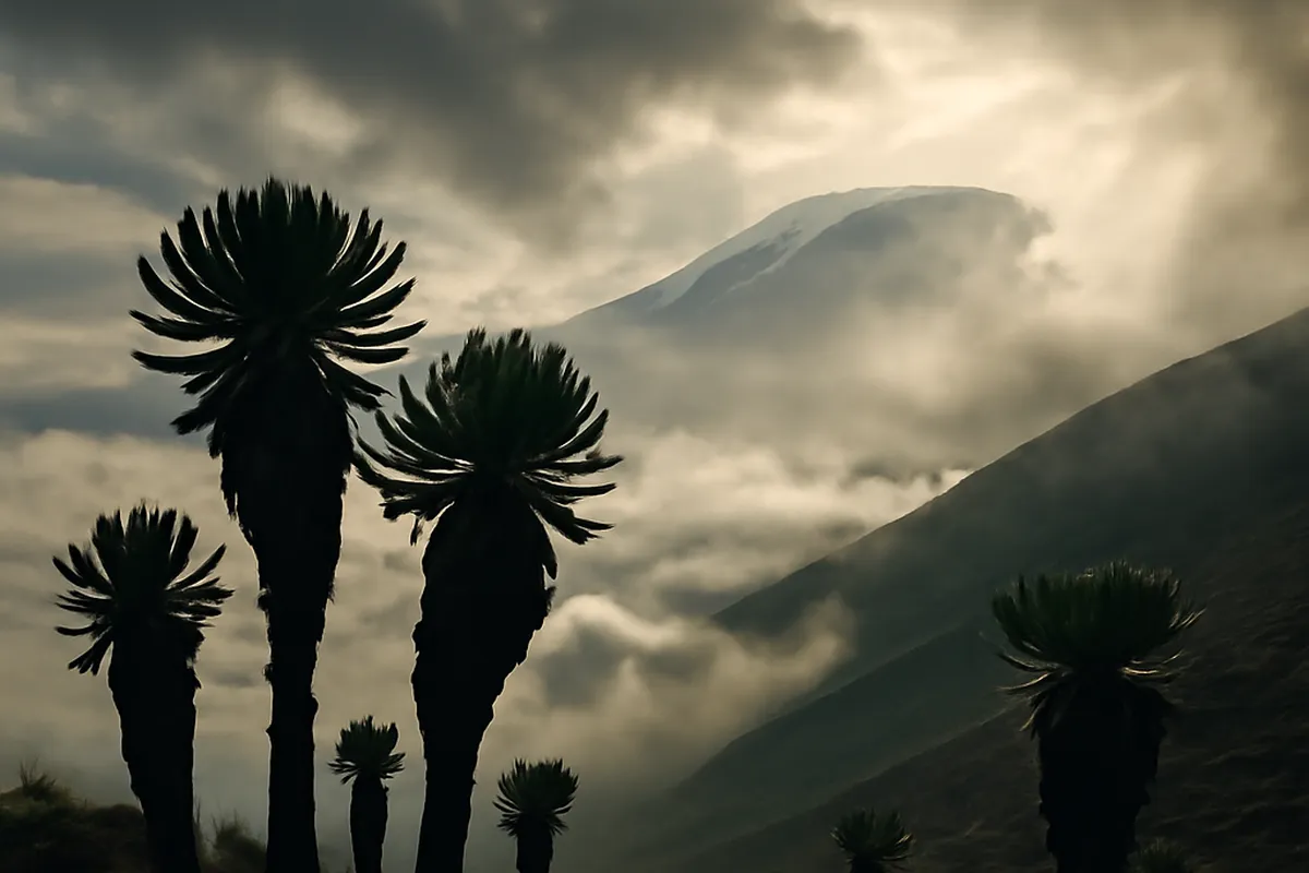 Sénéçons géants dans la brume au-dessus de la mer de nuages sur les pentes du Kilimandjaro