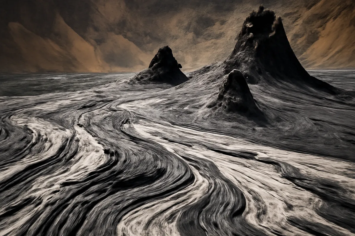Coulées de lave noire et blanche figées dans le cratère du volcan Ol Doinyo Lengai en Tanzanie