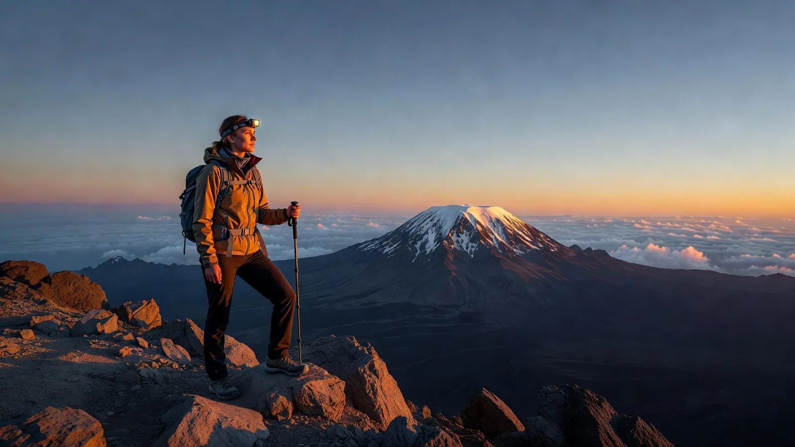 Voyageuse en tenue de trek face au sommet enneigé du Kilimandjaro à l'aube