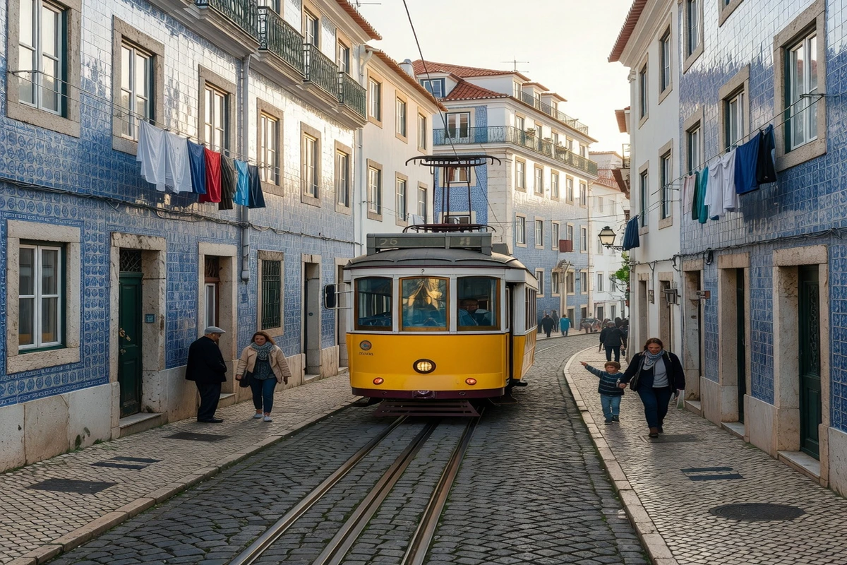 Le tramway jaune 28 remontant une ruelle pentue de l'Alfama bordée de façades d'azulejos et de linge suspendu
