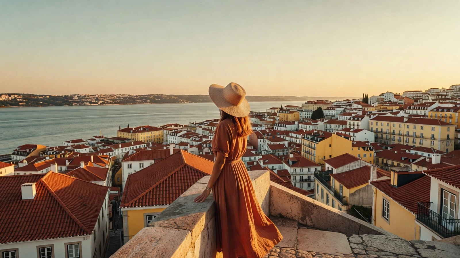 Voyageuse en robe terracotta contemplant les toits rouges de l'Alfama et le Tage depuis un miradouro au coucher du soleil