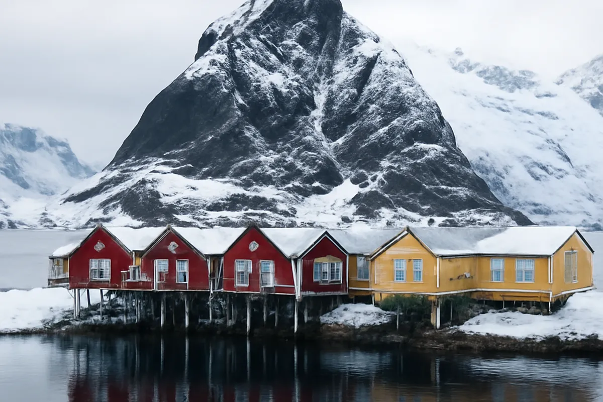 Village de pêcheurs aux cabanes rouges sur pilotis, rorbus des Lofoten enneigés