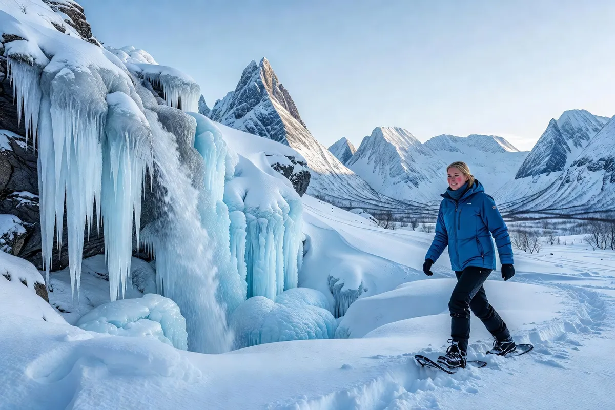 Cascade gelée suspendue sur une paroi rocheuse enneigée à Senja en hiver