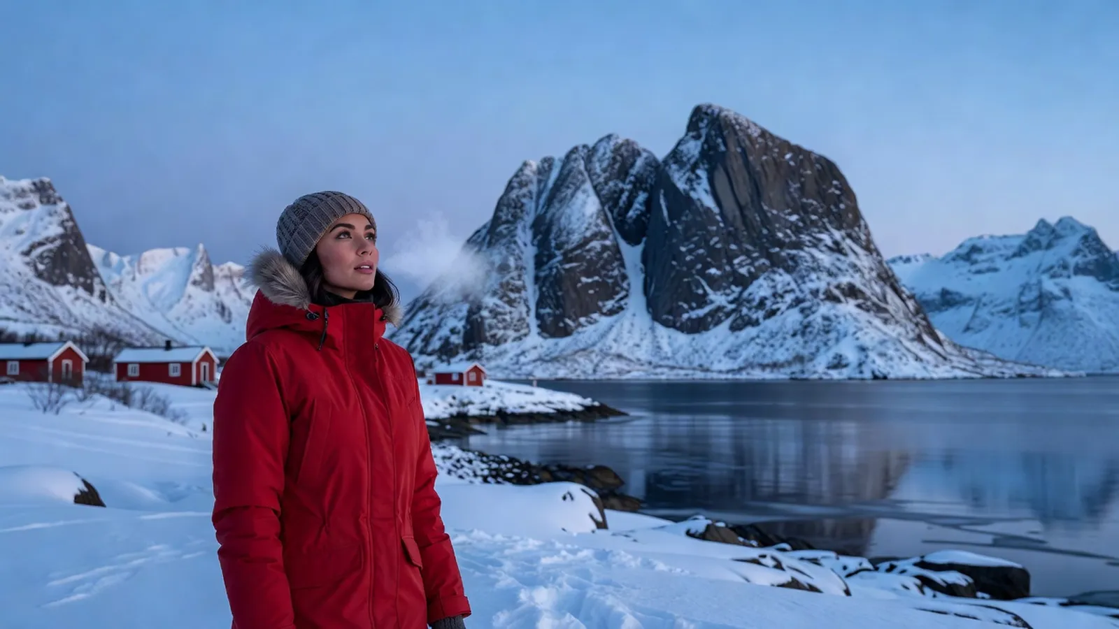 Voyageuse en parka rouge face aux sommets enneigés des Lofoten au crépuscule