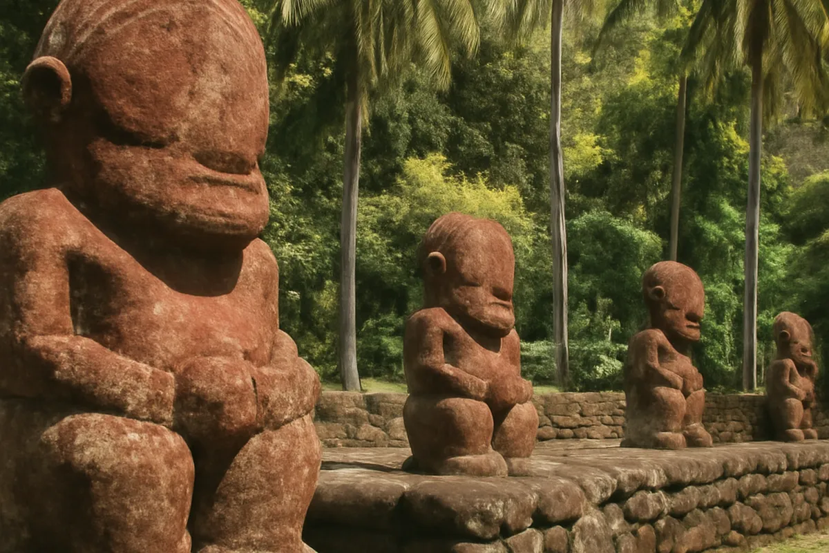 Tikis monumentaux en pierre volcanique rouge sur le site archéologique de Lipona à Hiva Oa