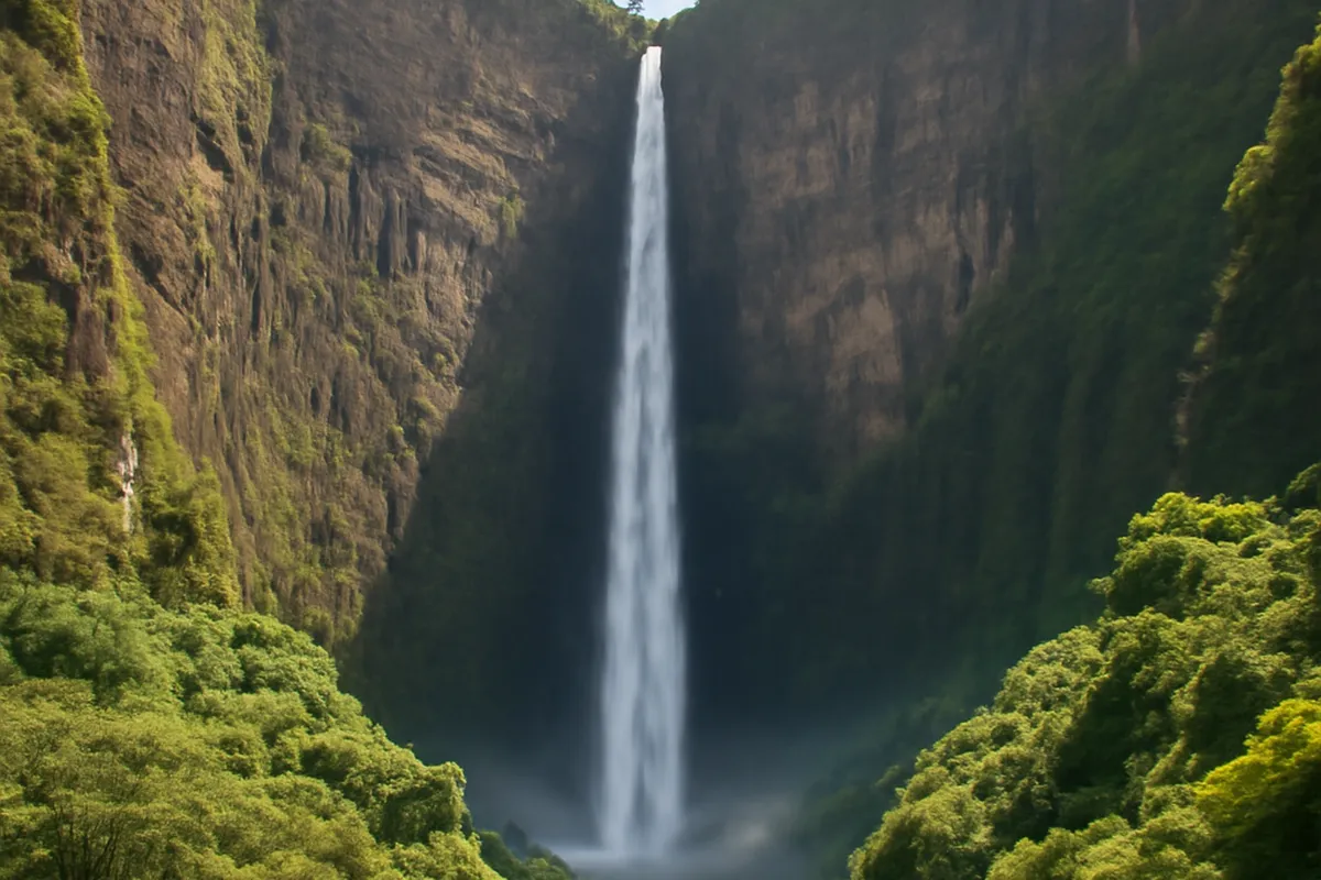 Cascade Vaipo entourée de falaises de basalte dans la vallée d'Hakaui à Nuku Hiva