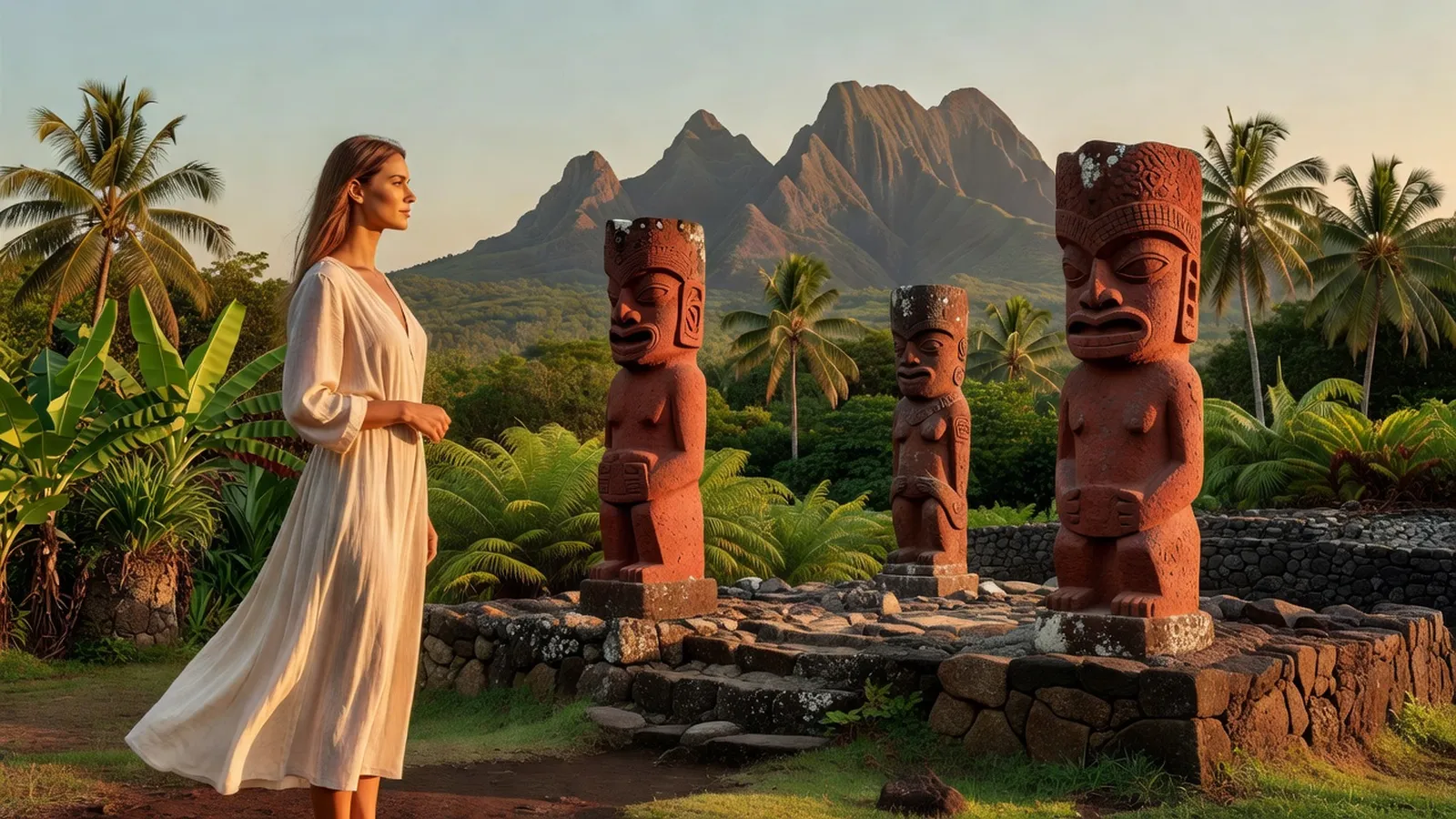 Voyageuse en robe légère face aux tikis monumentaux du site de Lipona à Hiva Oa